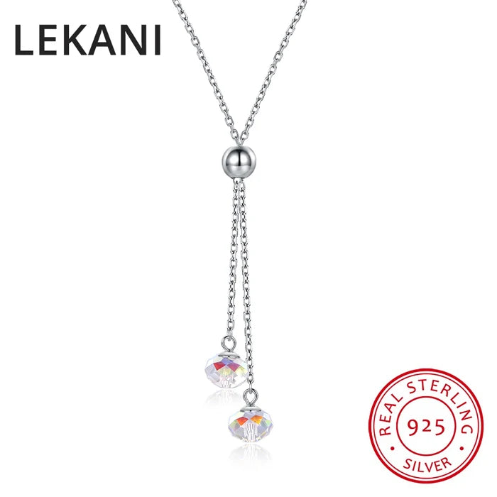 Austrian Crystal Bead Long Pendant Necklace with 925 Silver Chain