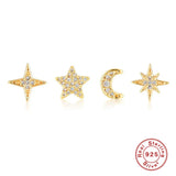 4pc Star Moon Zircon Stud Earrings 925 Sterling Silver Set
