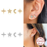 4pc Star Moon Zircon Stud Earrings 925 Sterling Silver Set