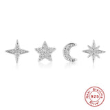4pc Star Moon Zircon Stud Earrings 925 Sterling Silver Set
