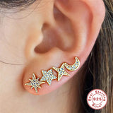4pc Star Moon Zircon Stud Earrings 925 Sterling Silver Set