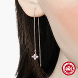 925 Silver Flower Rhinestone Drop Earrings Tassel Dangles