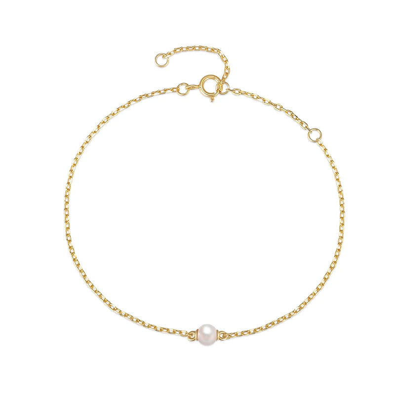 925 Silver Single Pearl Beads Chain Bracelet Heart Charm