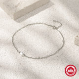 925 Silver Single Pearl Beads Chain Bracelet Heart Charm