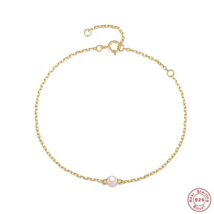 925 Silver Single Pearl Beads Chain Bracelet Heart Charm
