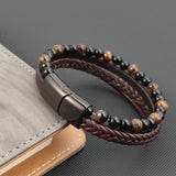 Natural Yellow Tigers Eye Men Bracelet Leather Bangle