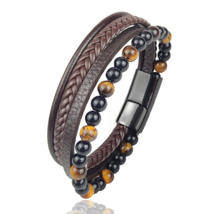 Natural Yellow Tigers Eye Men Bracelet Leather Bangle