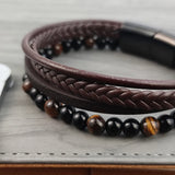 Natural Yellow Tigers Eye Men Bracelet Leather Bangle