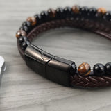 Natural Yellow Tigers Eye Men Bracelet Leather Bangle