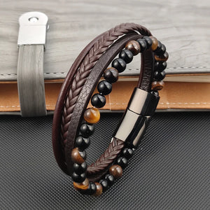 Natural Yellow Tigers Eye Men Bracelet Leather Bangle