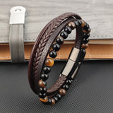 Natural Yellow Tigers Eye Men Bracelet Leather Bangle