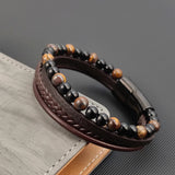 Natural Yellow Tigers Eye Men Bracelet Leather Bangle