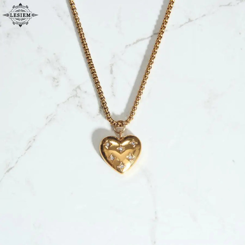 LESIEM 18KGP Zircon Peach Heart Pendant Necklace for Women