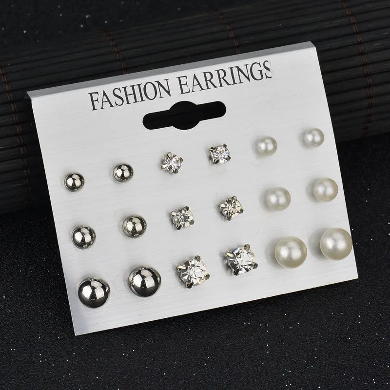 Heart Flowers Infinite Symbol Stud Earrings Set Rhinestone Pearl Earrings