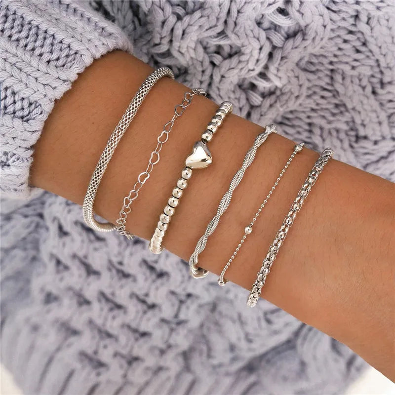 Bohemian Silver Bracelets & Bangles Set Vintage Beads Charm Heart Bracelet