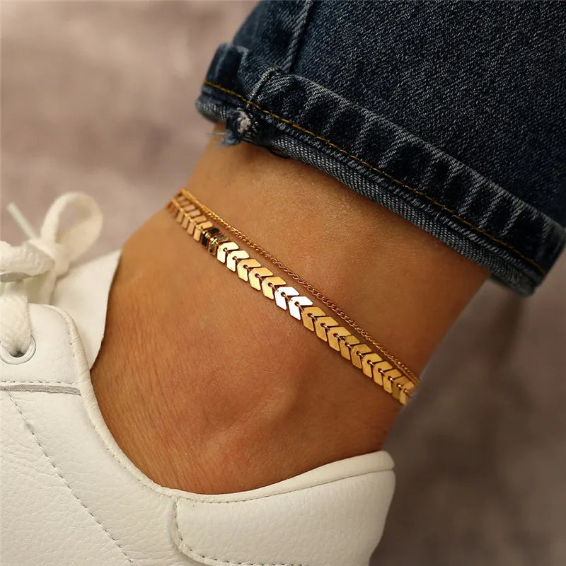 Boho Vintage Double Layer Anklets for Women - Beach Foot Leg Chain