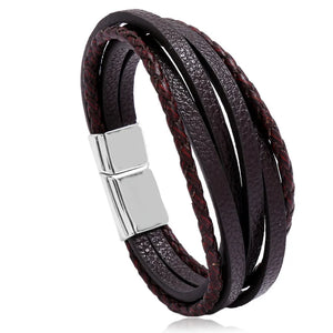 Men Multilayer Leather Bangles Magnetic-clasp Cowhide Braided Wrap Bracelet