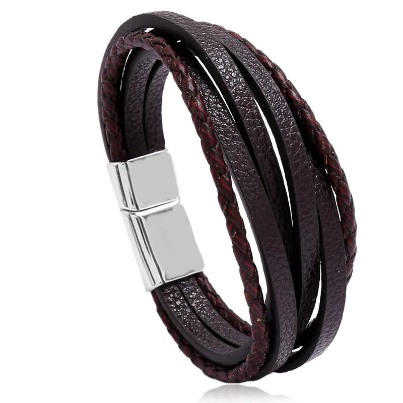 Men Multilayer Leather Bangles Magnetic-clasp Cowhide Braided Wrap Bracelet