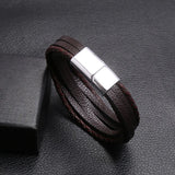 Men Multilayer Leather Bangles Magnetic-clasp Cowhide Braided Wrap Bracelet