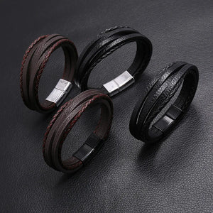Men Multilayer Leather Bangles Magnetic-clasp Cowhide Braided Wrap Bracelet