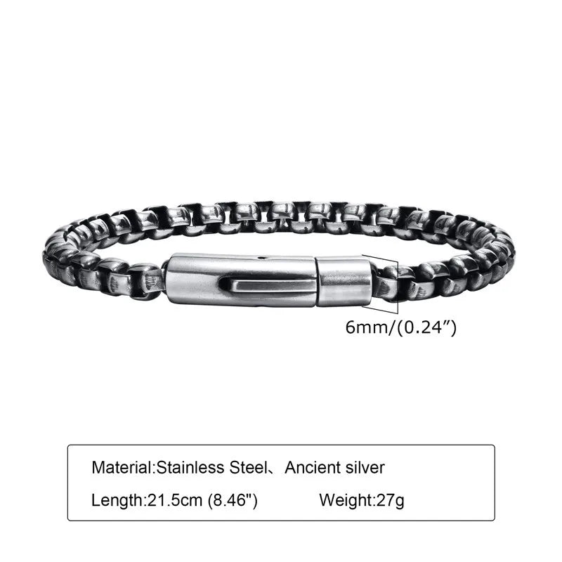 Vintage Silver Stainless Steel Bracelet for Men 6mm Box Chain