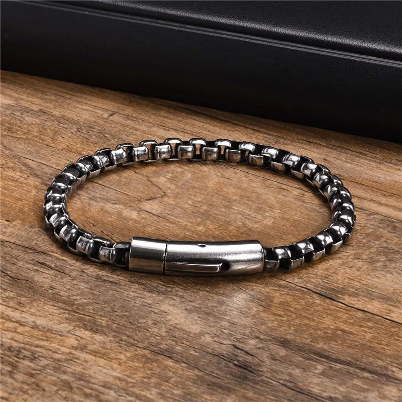 Vintage Silver Stainless Steel Bracelet for Men 6mm Box Chain