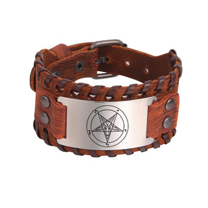 Satanic Amulet Leather Bracelet Evil Symbol for Men