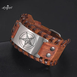 Satanic Amulet Leather Bracelet Evil Symbol for Men