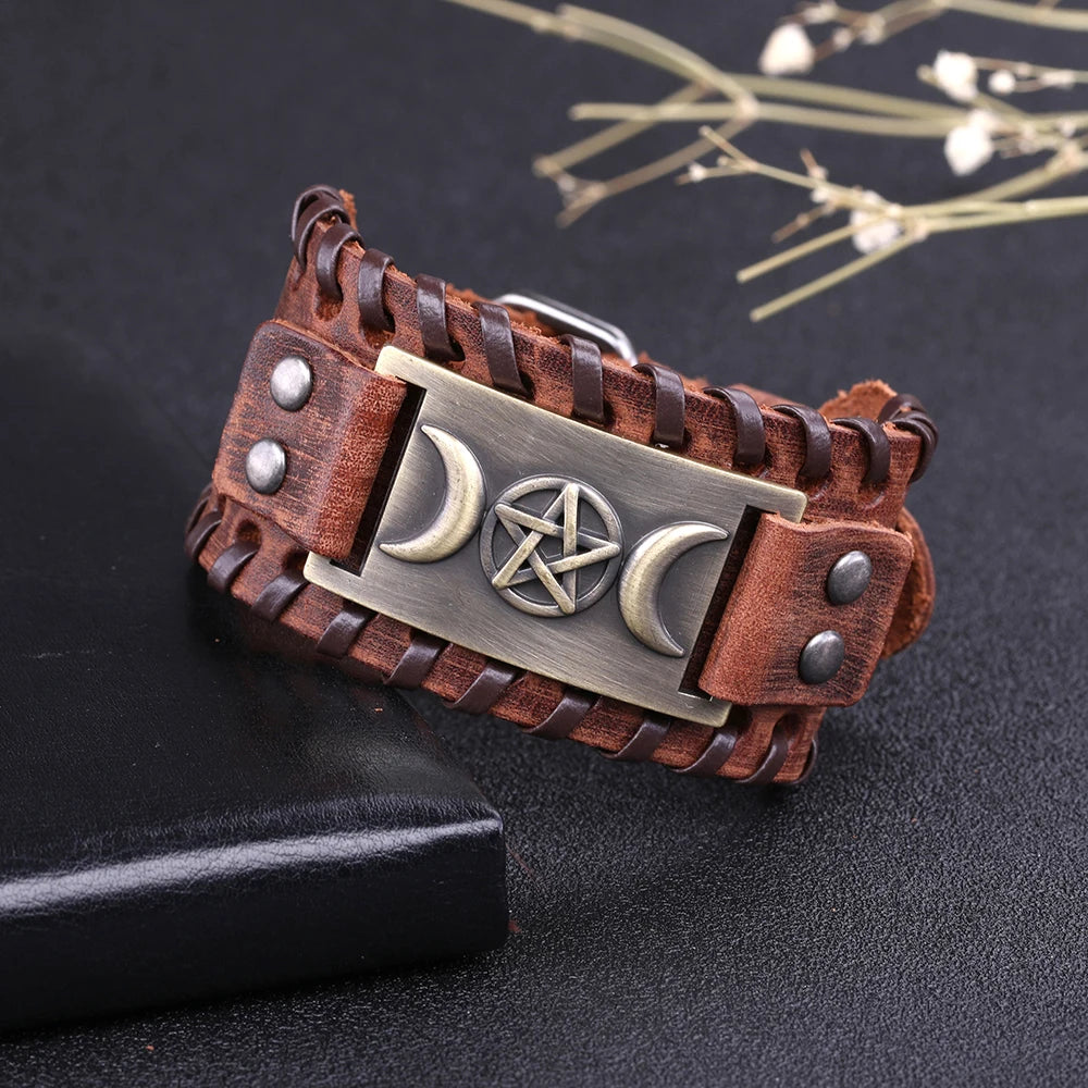 Triple Moon Goddess Leather Bracelets Wicca Pentagram Charm Magic Witch Jewelry