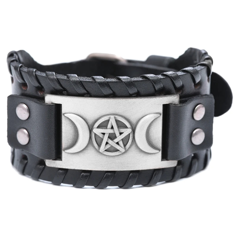 Triple Moon Goddess Leather Bracelets Wicca Pentagram Charm Magic Witch Jewelry