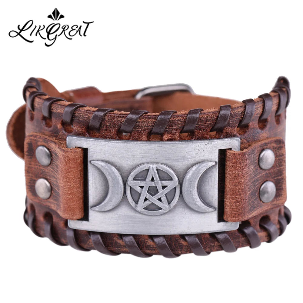 Triple Moon Goddess Leather Bracelets Wicca Pentagram Charm Magic Witch Jewelry