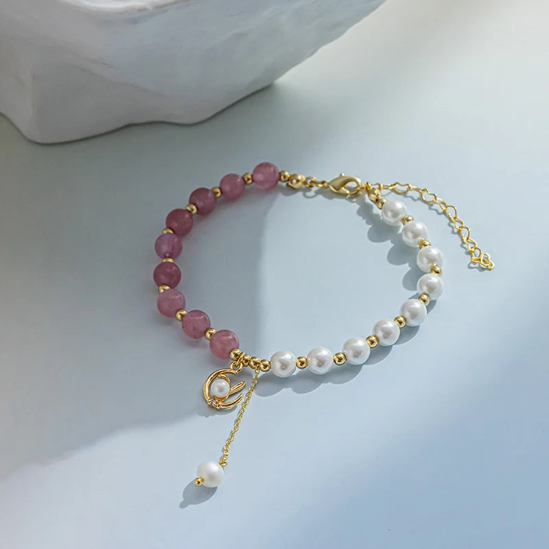 Shell Pearl & Strawberry Quartz Bracelet for Women