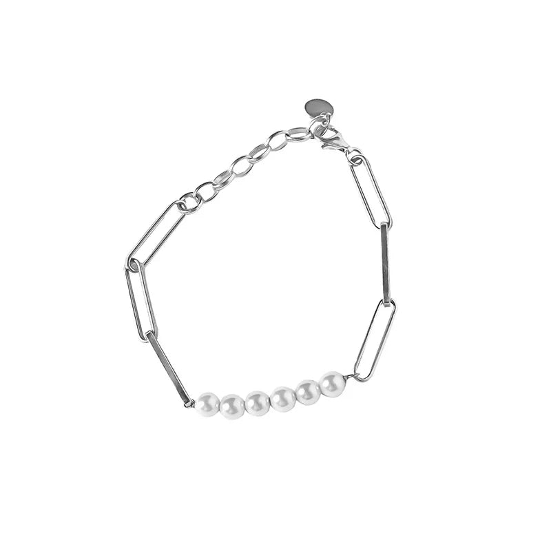 Retro Oval Chain Pearl Bracelet Charm Silver Jewelry