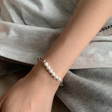 Retro Oval Chain Pearl Bracelet Charm Silver Jewelry