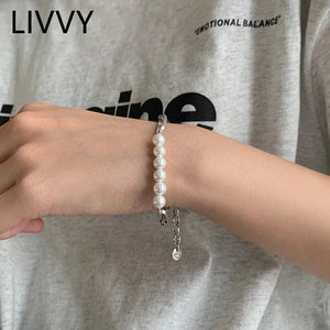 Retro Oval Chain Pearl Bracelet Charm Silver Jewelry
