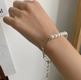 Retro Oval Chain Pearl Bracelet Charm Silver Jewelry