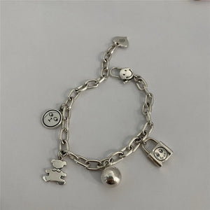 Silver Lock Smiling Face Bears Ball Pendant Bracelet for Women