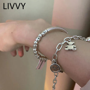 Silver Lock Smiling Face Bears Ball Pendant Bracelet for Women