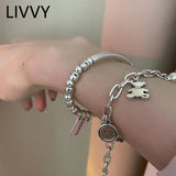 Silver Lock Smiling Face Bears Ball Pendant Bracelet for Women