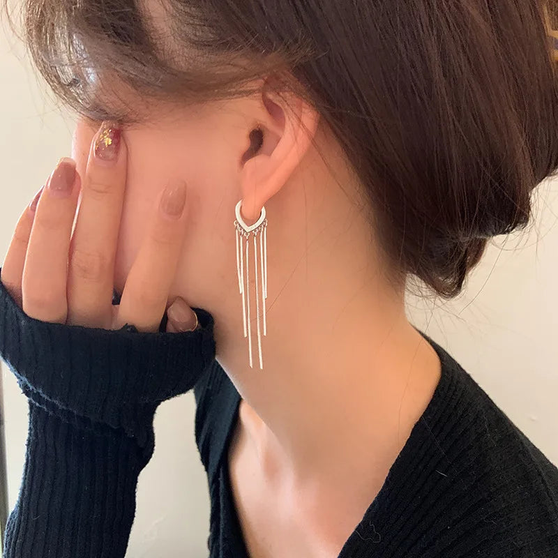 Silver Heart-Shaped Tassel Earrings for Women
