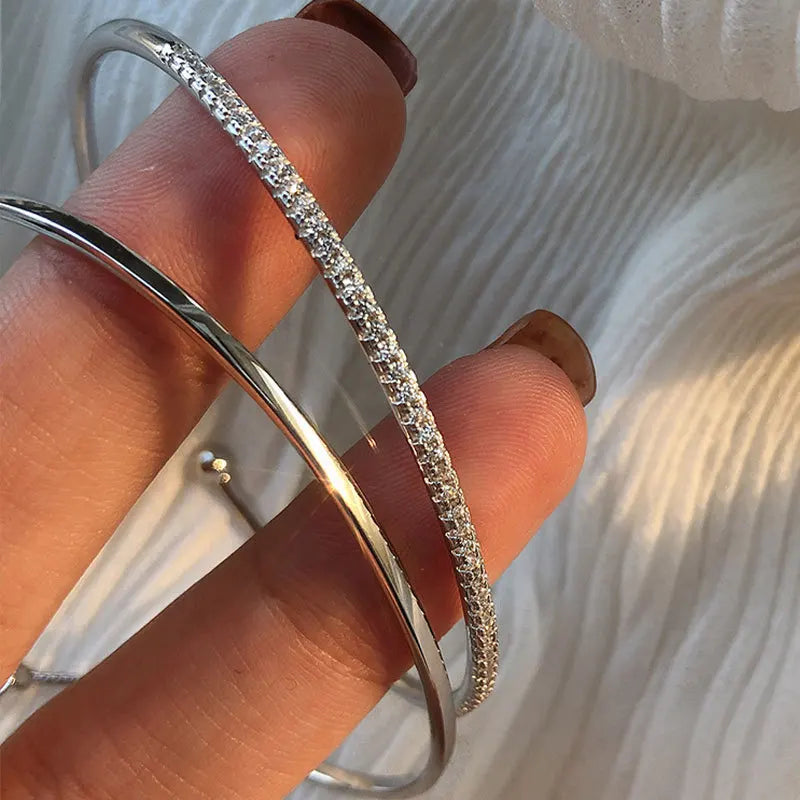 Silver Zircon Inlaid Opening Bracelet for Women