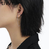 Silver Irregular Ear Clip Earrings Long Tassel Double No Piercing Ear Cuff
