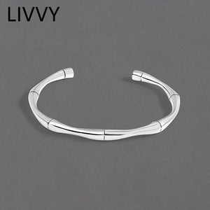 Silver Vintage Bamboo Bangles&Bracelet for Women Size Adjustable