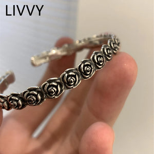 Thai Silver Bracelets for Women Vintage Rose Flowers Design