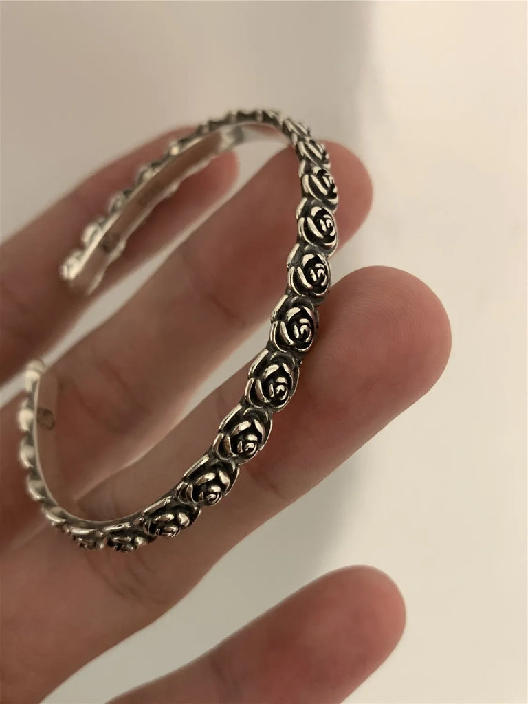 Thai Silver Bracelets for Women Vintage Rose Flowers Design