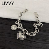 LIVVY Thai Silver Love Heart Round English Letter Pendant Bracelet