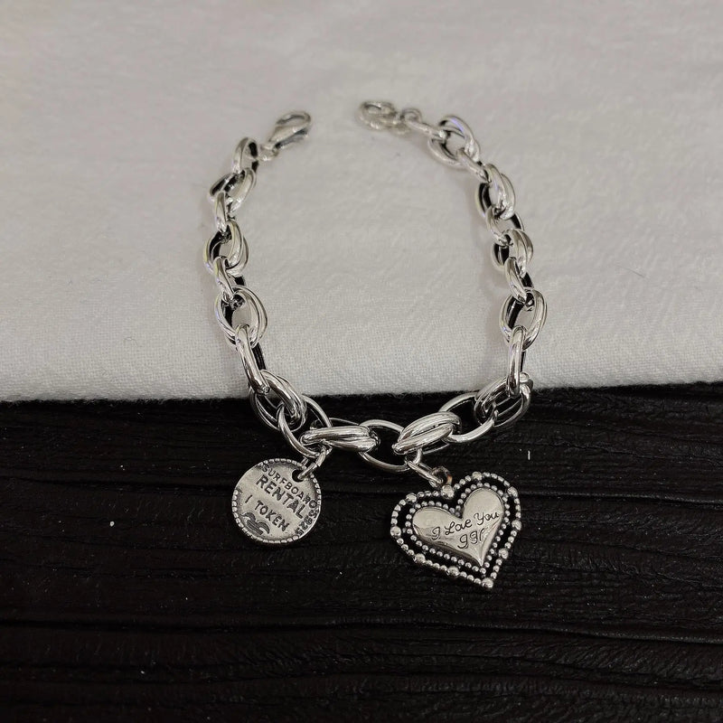 LIVVY Thai Silver Love Heart Round English Letter Pendant Bracelet