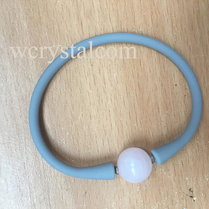Pink Rose Quartz Stone Bead Bracelet 14mm Gray Silicon Rubber