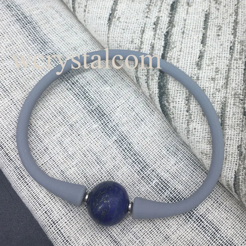 Lapis Lazuli Stone Bead Bracelet with Gray Silicon Rubber Band