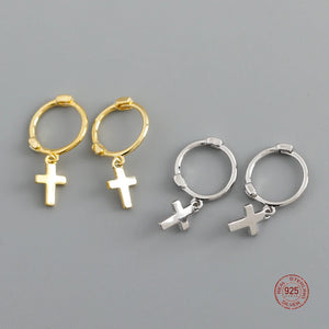 925 Sterling Silver Glossy Cross Hoop Earrings For Women